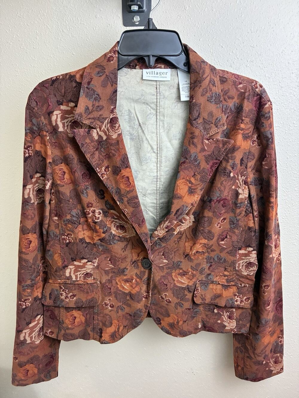 Liz Claiborne Villager Corduroy Leaf Print Button‑Up Top Women’s Size 14 Rust Br